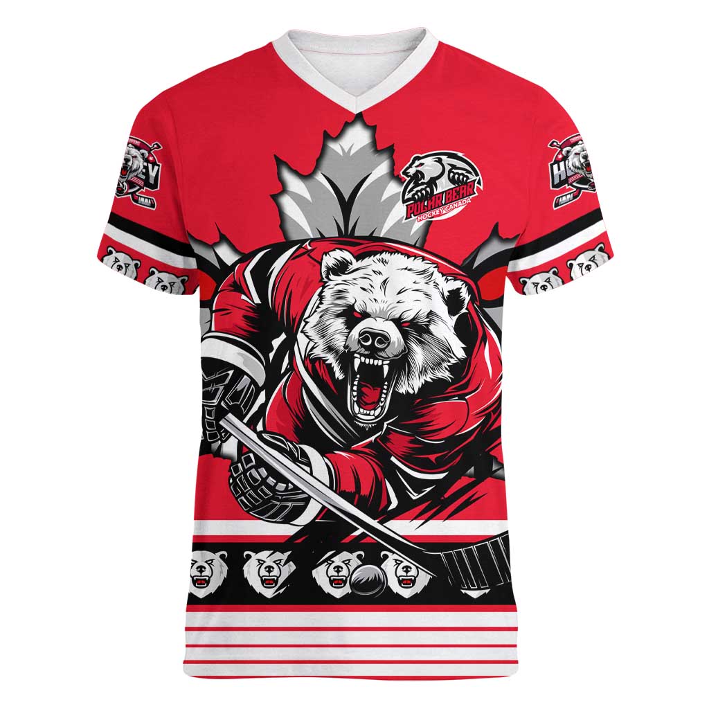 Personalized Polar Bear Hockey Canada Women V-Neck T-Shirt Maple Leaf Ice Warrior