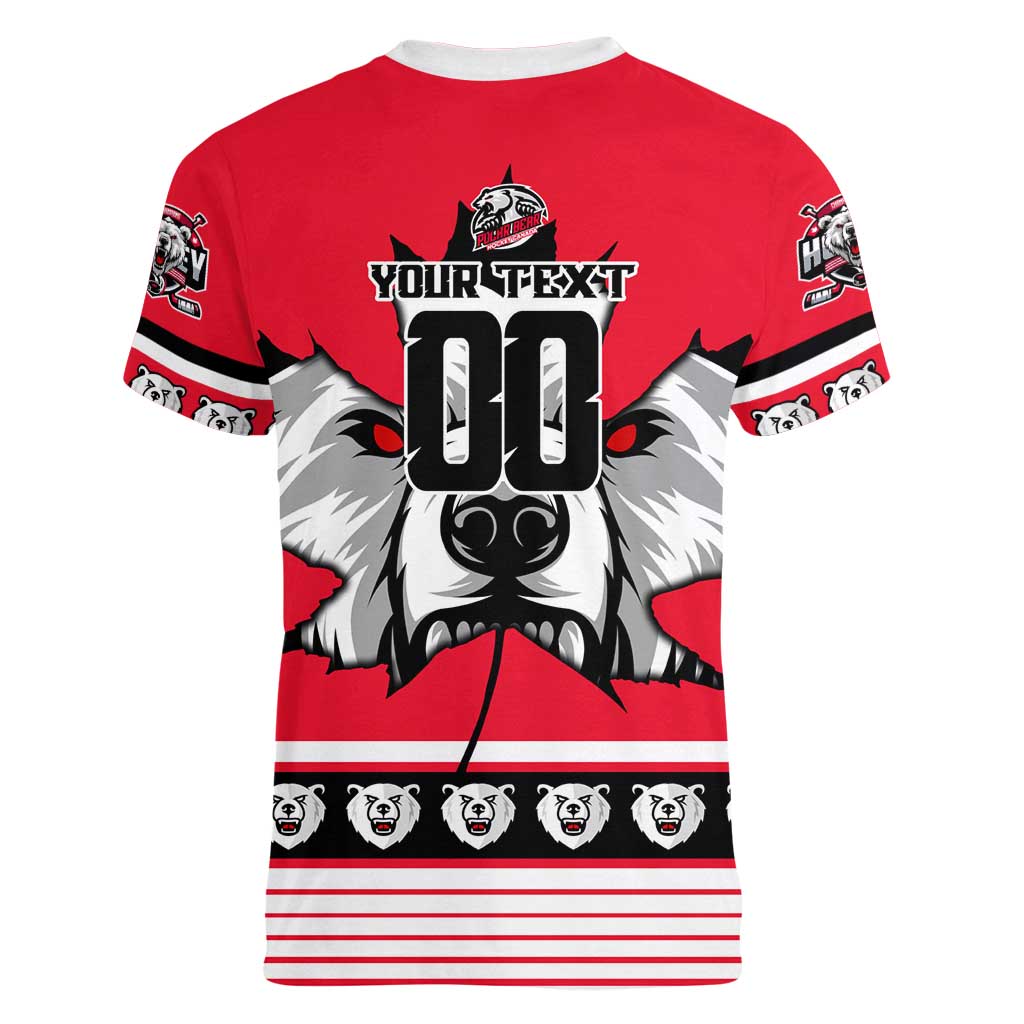 Personalized Polar Bear Hockey Canada Women V-Neck T-Shirt Maple Leaf Ice Warrior