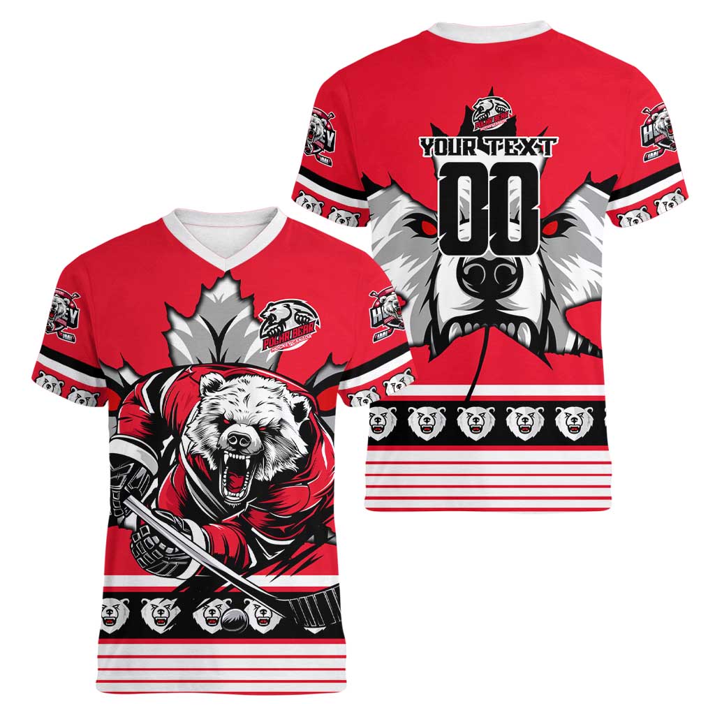Personalized Polar Bear Hockey Canada Women V-Neck T-Shirt Maple Leaf Ice Warrior