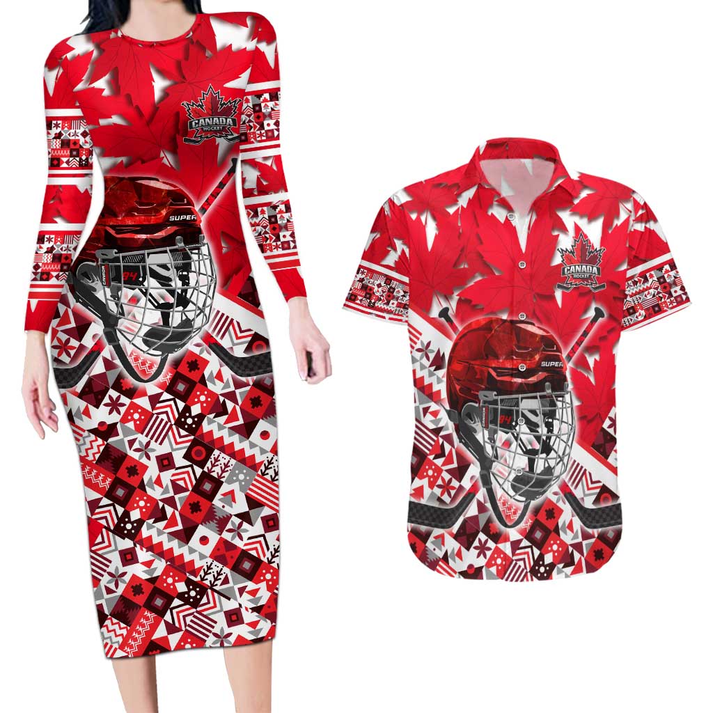 Personalized Canada Hockey Helmet Couples Matching Long Sleeve Bodycon Dress and Hawaiian Shirt Maple Leaf Pattern