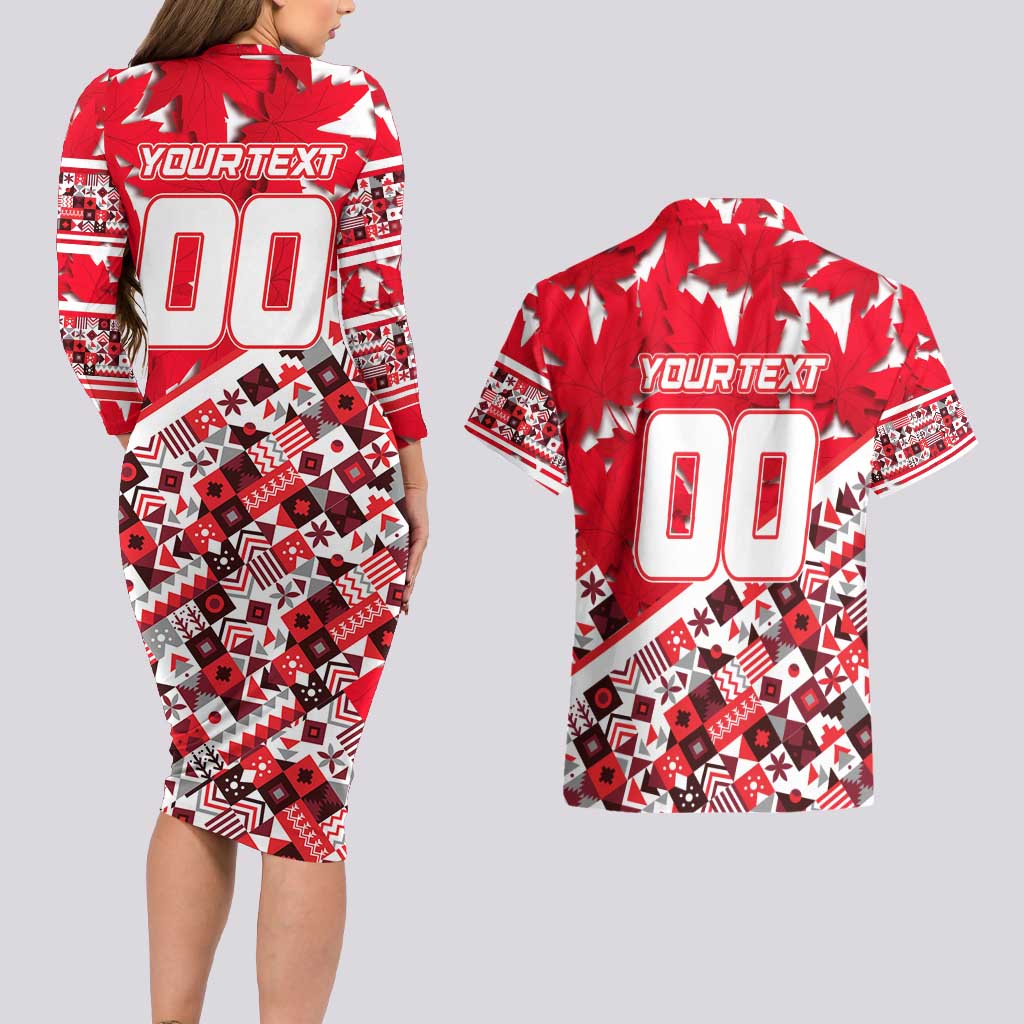 Personalized Canada Hockey Helmet Couples Matching Long Sleeve Bodycon Dress and Hawaiian Shirt Maple Leaf Pattern