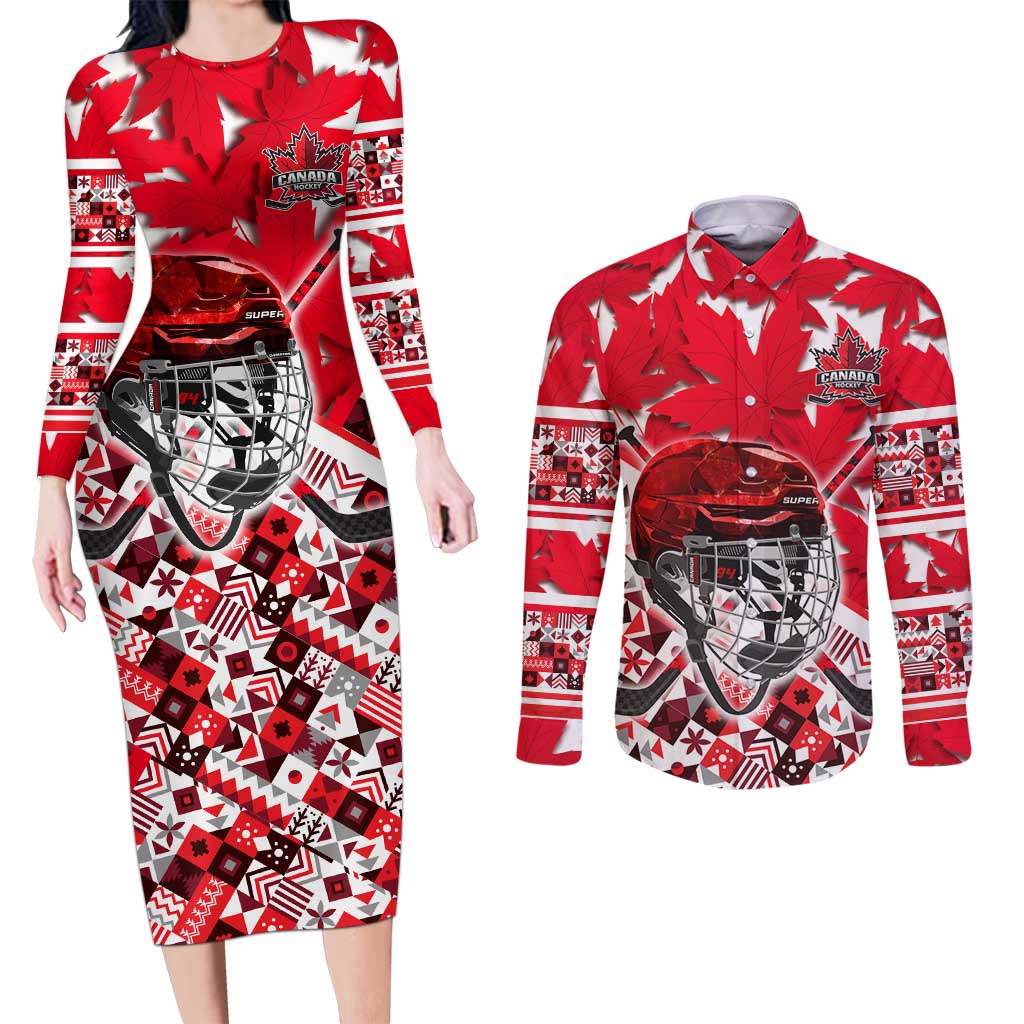 Personalized Canada Hockey Helmet Couples Matching Long Sleeve Bodycon Dress and Long Sleeve Button Shirt Maple Leaf Pattern