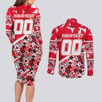 Personalized Canada Hockey Helmet Couples Matching Long Sleeve Bodycon Dress and Long Sleeve Button Shirt Maple Leaf Pattern