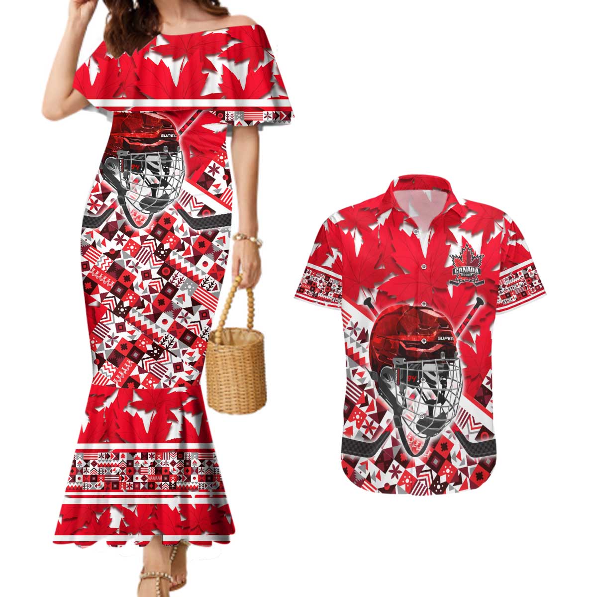 Personalized Canada Hockey Helmet Couples Matching Mermaid Dress and Hawaiian Shirt Maple Leaf Pattern