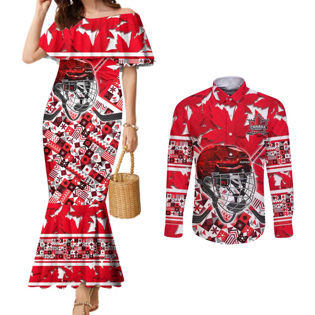Personalized Canada Hockey Helmet Couples Matching Mermaid Dress and Long Sleeve Button Shirt Maple Leaf Pattern