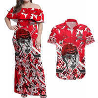 Personalized Canada Hockey Helmet Couples Matching Off Shoulder Maxi Dress and Hawaiian Shirt Maple Leaf Pattern