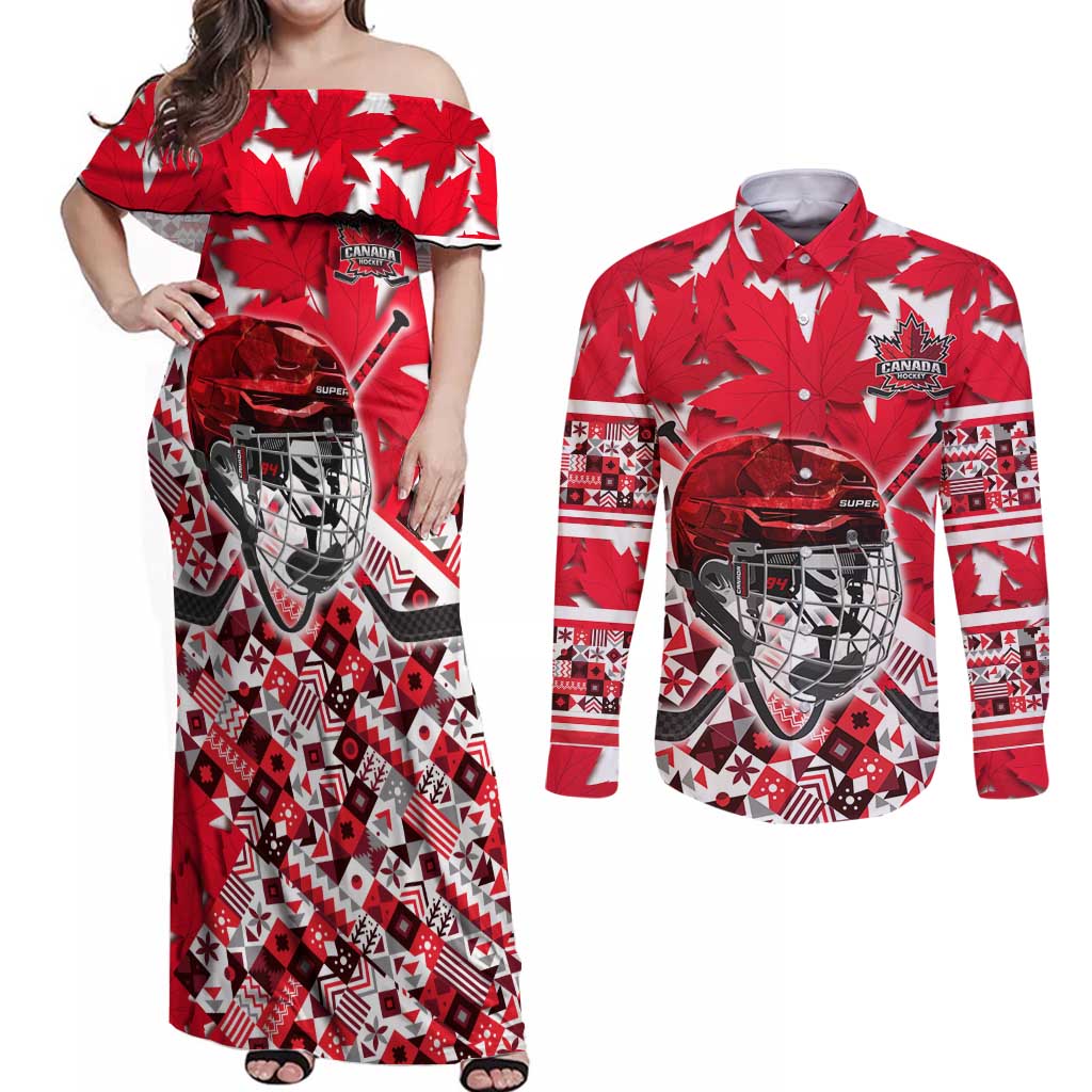 Personalized Canada Hockey Helmet Couples Matching Off Shoulder Maxi Dress and Long Sleeve Button Shirt Maple Leaf Pattern