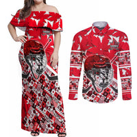 Personalized Canada Hockey Helmet Couples Matching Off Shoulder Maxi Dress and Long Sleeve Button Shirt Maple Leaf Pattern