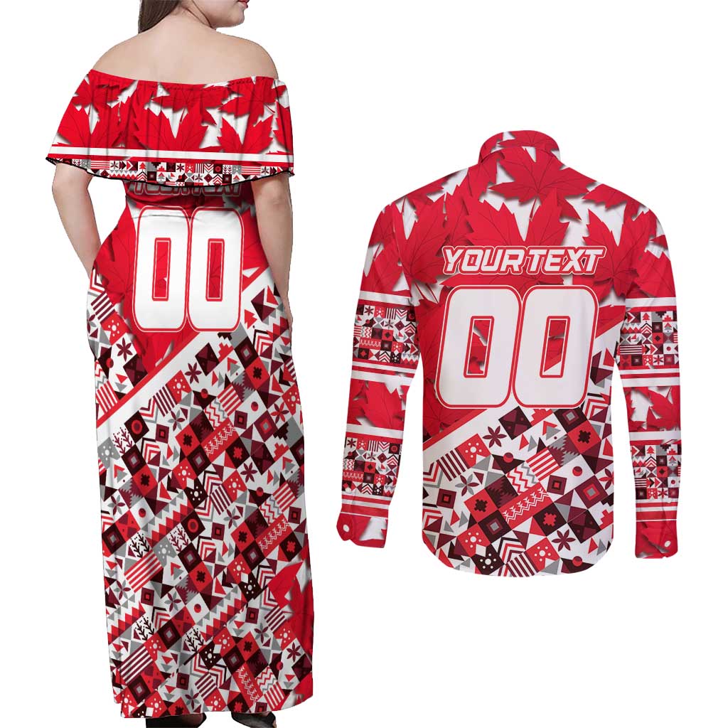 Personalized Canada Hockey Helmet Couples Matching Off Shoulder Maxi Dress and Long Sleeve Button Shirt Maple Leaf Pattern