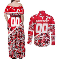 Personalized Canada Hockey Helmet Couples Matching Off Shoulder Maxi Dress and Long Sleeve Button Shirt Maple Leaf Pattern