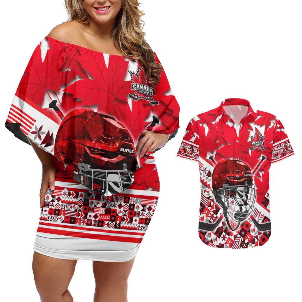 Personalized Canada Hockey Helmet Couples Matching Off Shoulder Short Dress and Hawaiian Shirt Maple Leaf Pattern