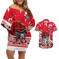 Personalized Canada Hockey Helmet Couples Matching Off Shoulder Short Dress and Hawaiian Shirt Maple Leaf Pattern