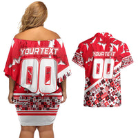 Personalized Canada Hockey Helmet Couples Matching Off Shoulder Short Dress and Hawaiian Shirt Maple Leaf Pattern