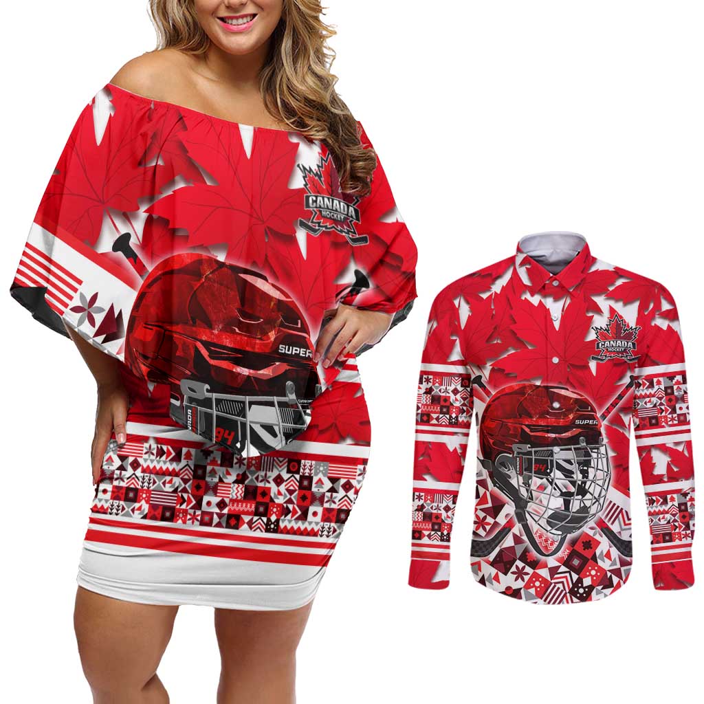 Personalized Canada Hockey Helmet Couples Matching Off Shoulder Short Dress and Long Sleeve Button Shirt Maple Leaf Pattern