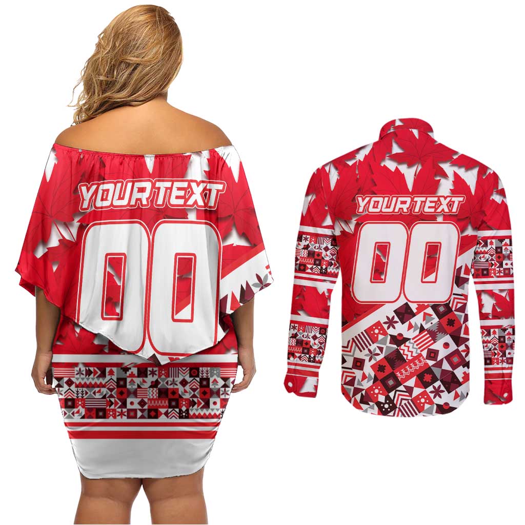 Personalized Canada Hockey Helmet Couples Matching Off Shoulder Short Dress and Long Sleeve Button Shirt Maple Leaf Pattern