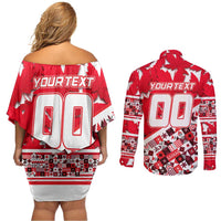 Personalized Canada Hockey Helmet Couples Matching Off Shoulder Short Dress and Long Sleeve Button Shirt Maple Leaf Pattern