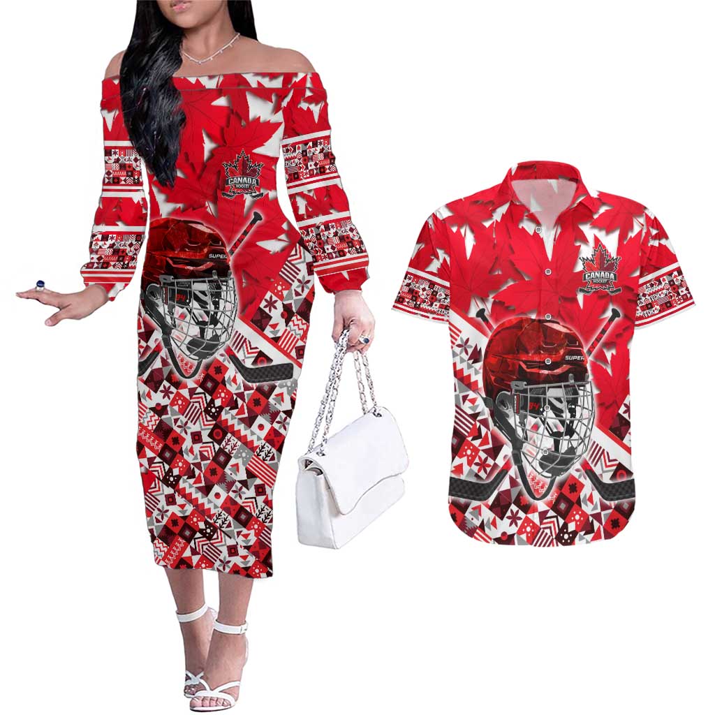 Personalized Canada Hockey Helmet Couples Matching Off The Shoulder Long Sleeve Dress and Hawaiian Shirt Maple Leaf Pattern