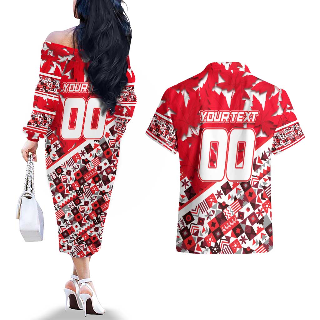 Personalized Canada Hockey Helmet Couples Matching Off The Shoulder Long Sleeve Dress and Hawaiian Shirt Maple Leaf Pattern
