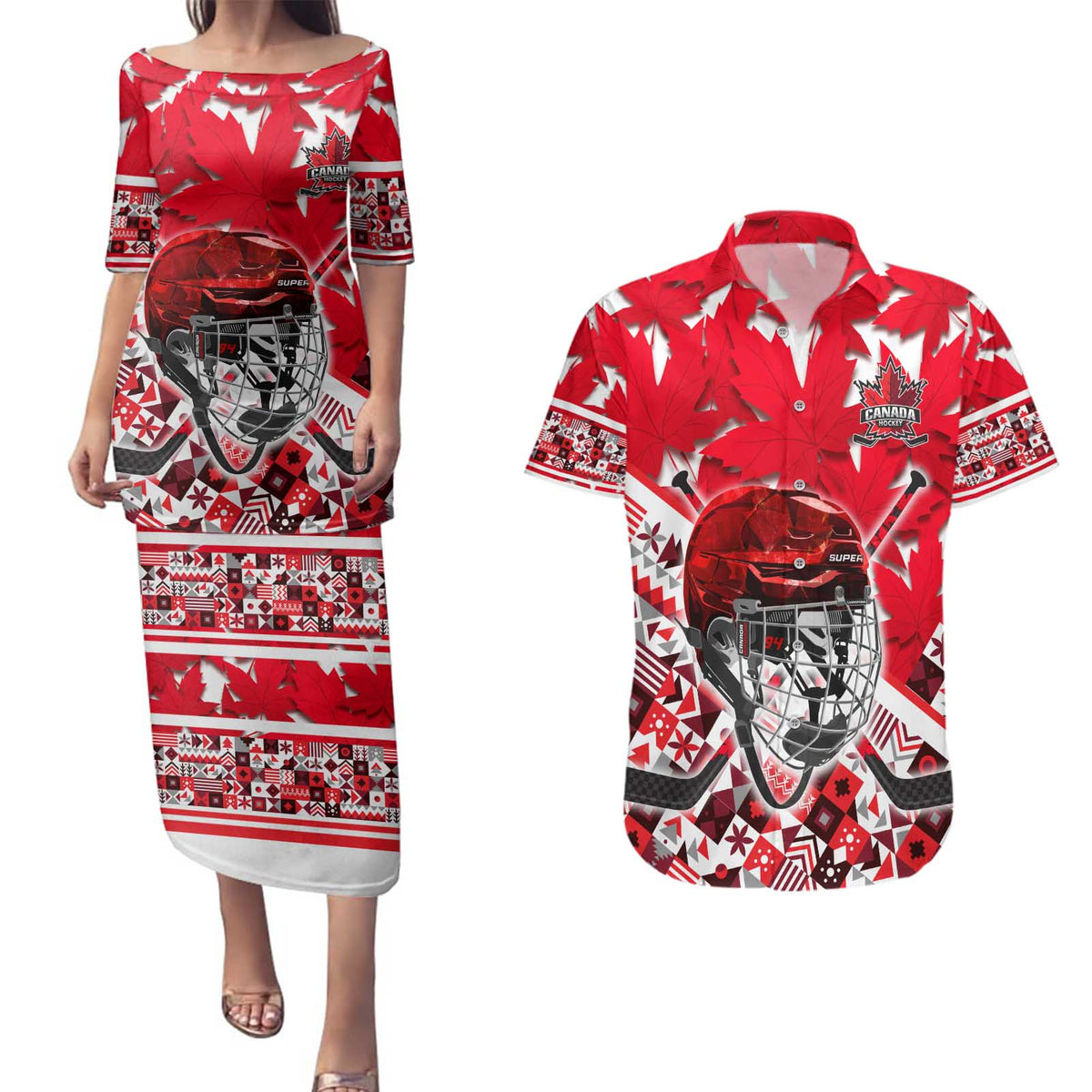 Personalized Canada Hockey Helmet Couples Matching Puletasi and Hawaiian Shirt Maple Leaf Pattern