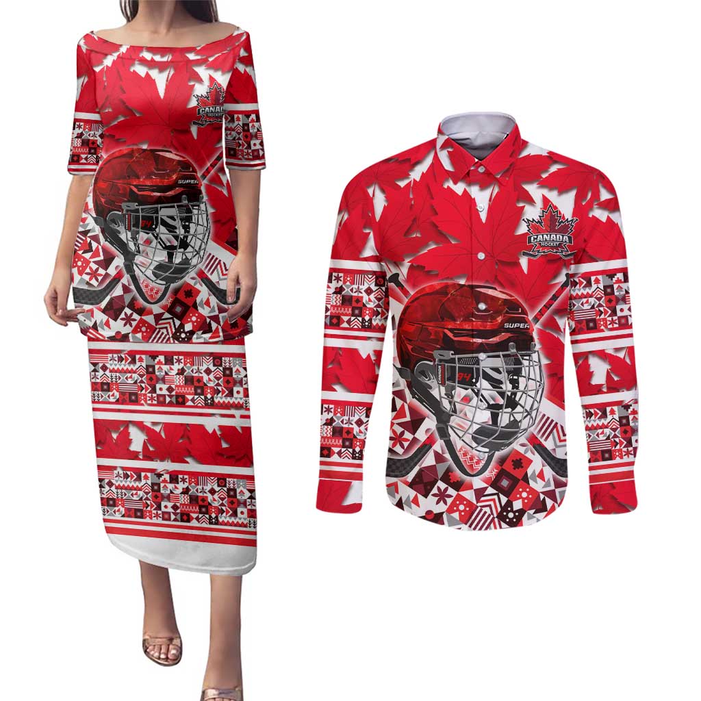 Personalized Canada Hockey Helmet Couples Matching Puletasi and Long Sleeve Button Shirt Maple Leaf Pattern
