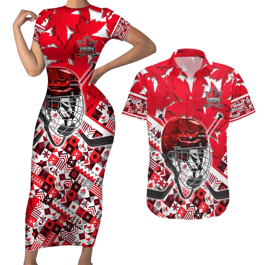 Personalized Canada Hockey Helmet Couples Matching Short Sleeve Bodycon Dress and Hawaiian Shirt Maple Leaf Pattern