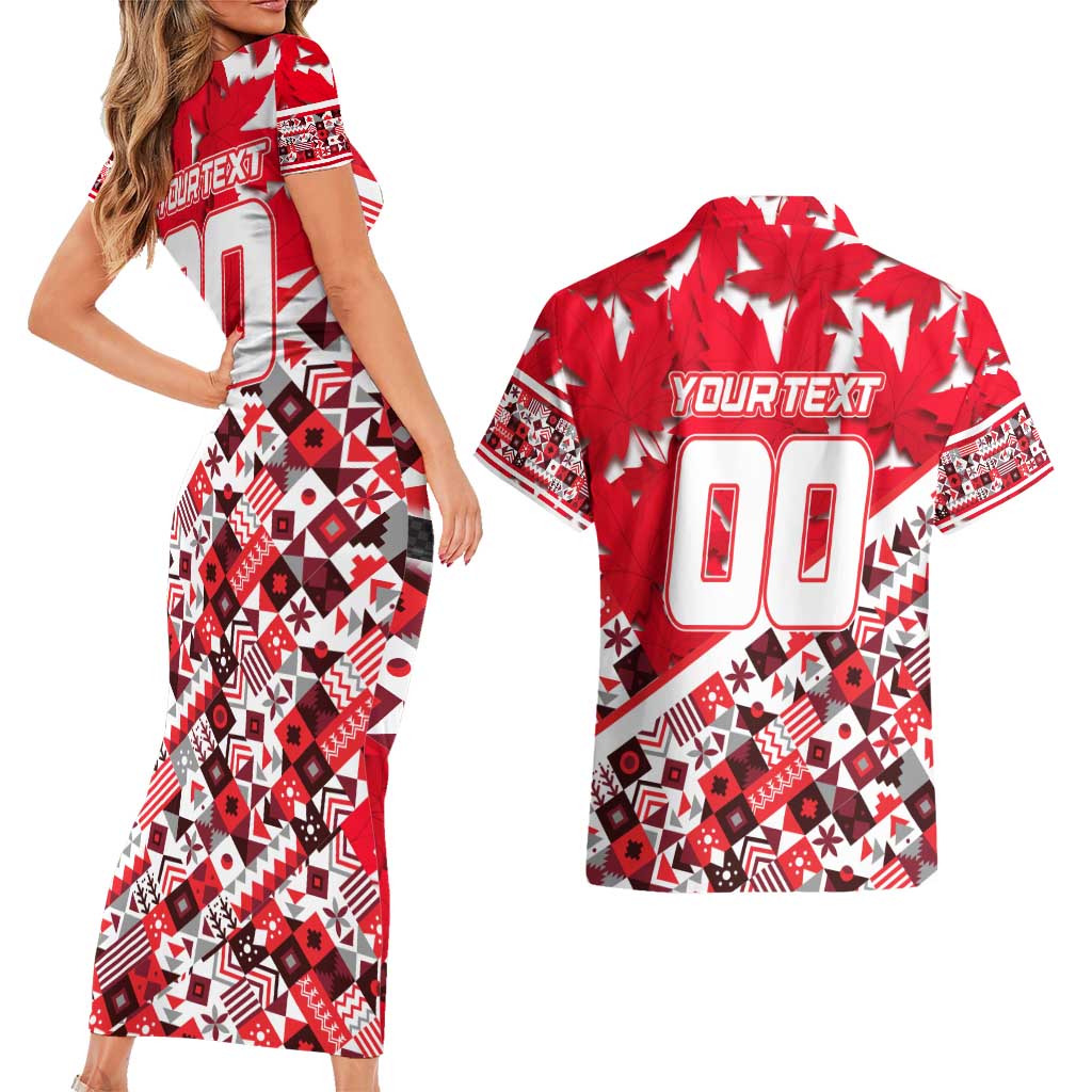 Personalized Canada Hockey Helmet Couples Matching Short Sleeve Bodycon Dress and Hawaiian Shirt Maple Leaf Pattern