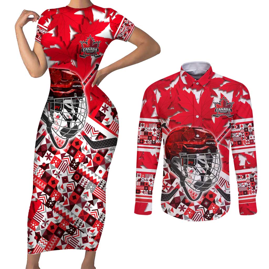 Personalized Canada Hockey Helmet Couples Matching Short Sleeve Bodycon Dress and Long Sleeve Button Shirt Maple Leaf Pattern