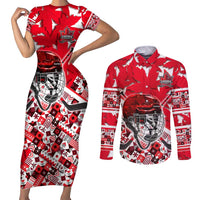 Personalized Canada Hockey Helmet Couples Matching Short Sleeve Bodycon Dress and Long Sleeve Button Shirt Maple Leaf Pattern