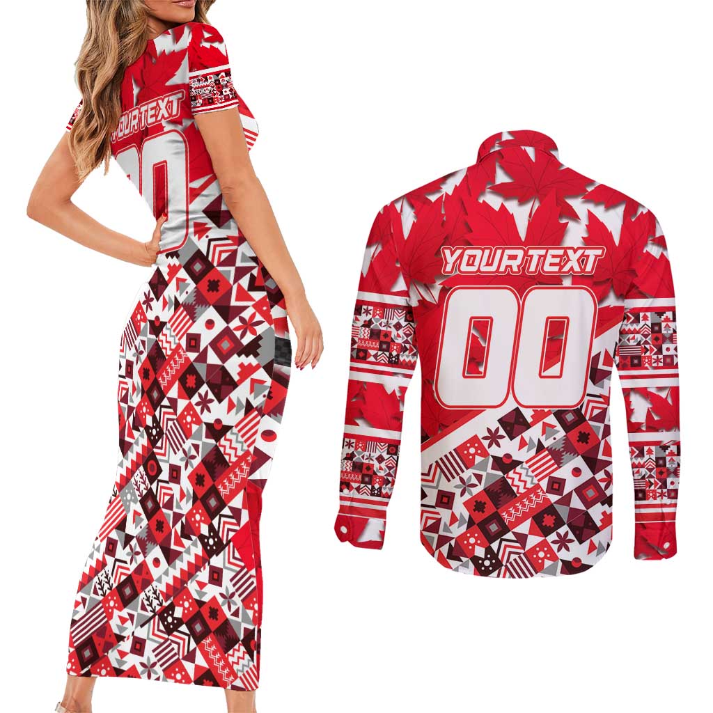 Personalized Canada Hockey Helmet Couples Matching Short Sleeve Bodycon Dress and Long Sleeve Button Shirt Maple Leaf Pattern