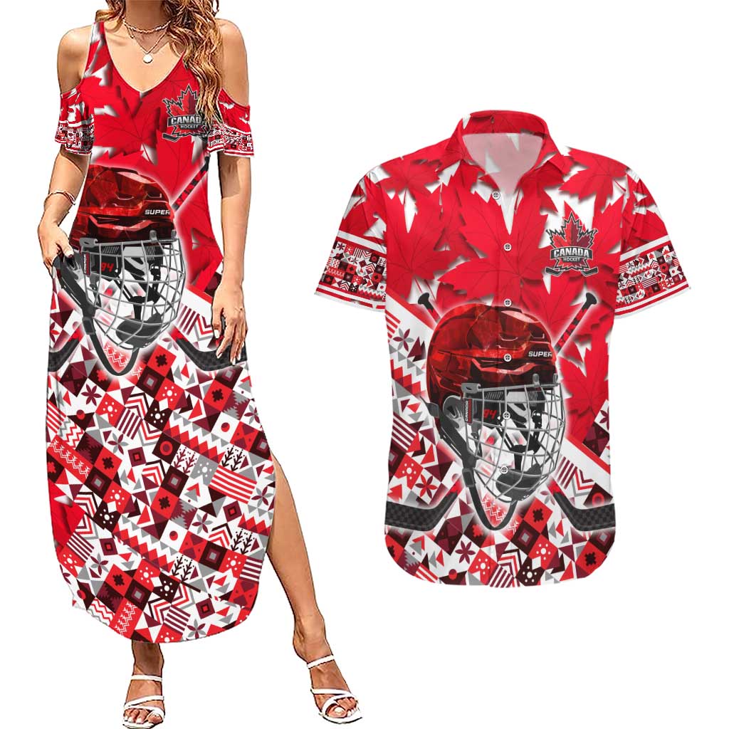 Personalized Canada Hockey Helmet Couples Matching Summer Maxi Dress and Hawaiian Shirt Maple Leaf Pattern
