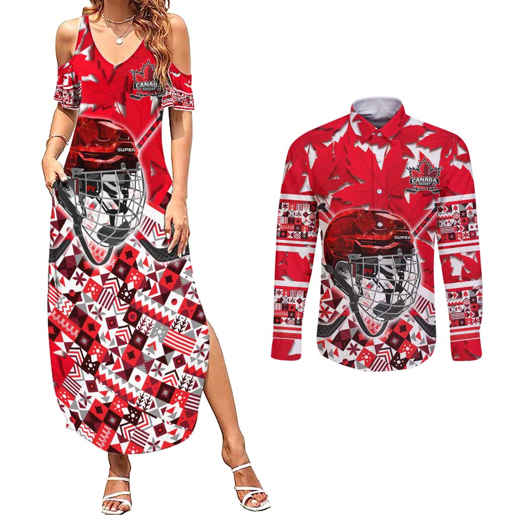 Personalized Canada Hockey Helmet Couples Matching Summer Maxi Dress and Long Sleeve Button Shirt Maple Leaf Pattern