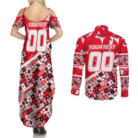 Personalized Canada Hockey Helmet Couples Matching Summer Maxi Dress and Long Sleeve Button Shirt Maple Leaf Pattern
