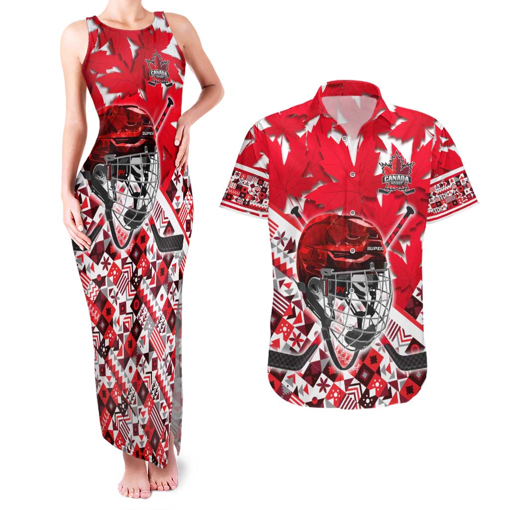 Personalized Canada Hockey Helmet Couples Matching Tank Maxi Dress and Hawaiian Shirt Maple Leaf Pattern