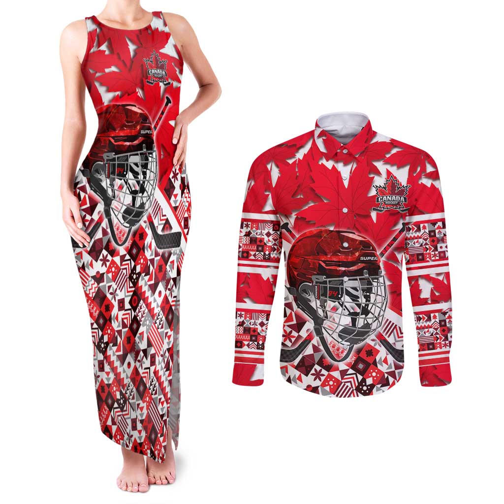Personalized Canada Hockey Helmet Couples Matching Tank Maxi Dress and Long Sleeve Button Shirt Maple Leaf Pattern
