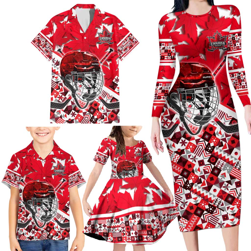 Personalized Canada Hockey Helmet Family Matching Long Sleeve Bodycon Dress and Hawaiian Shirt Maple Leaf Pattern