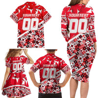 Personalized Canada Hockey Helmet Family Matching Long Sleeve Bodycon Dress and Hawaiian Shirt Maple Leaf Pattern