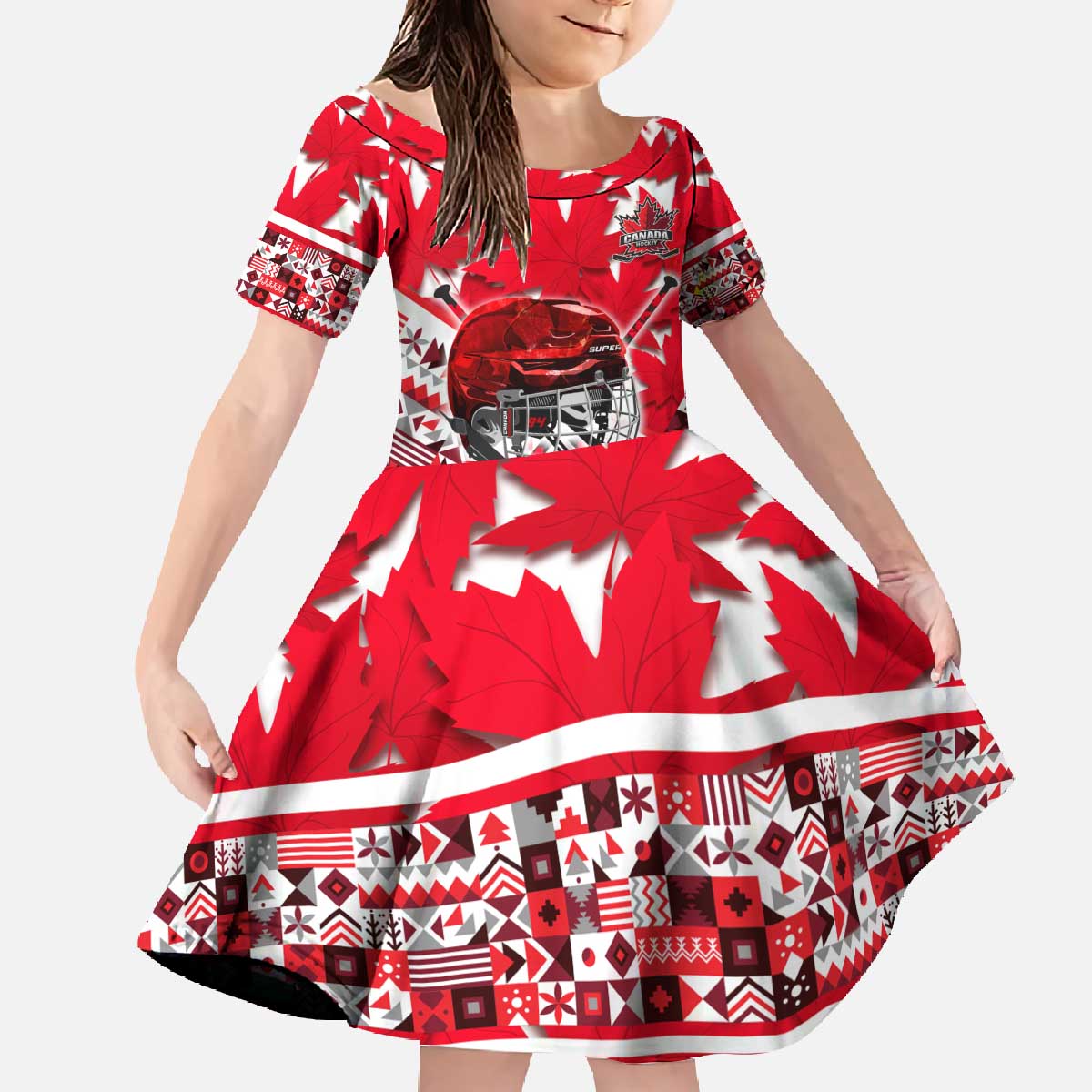 Personalized Canada Hockey Helmet Family Matching Off The Shoulder Long Sleeve Dress and Hawaiian Shirt Maple Leaf Pattern