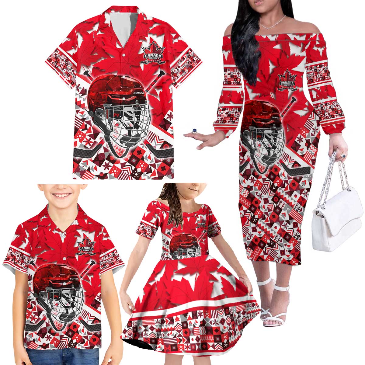 Personalized Canada Hockey Helmet Family Matching Off The Shoulder Long Sleeve Dress and Hawaiian Shirt Maple Leaf Pattern