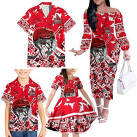 Personalized Canada Hockey Helmet Family Matching Off The Shoulder Long Sleeve Dress and Hawaiian Shirt Maple Leaf Pattern