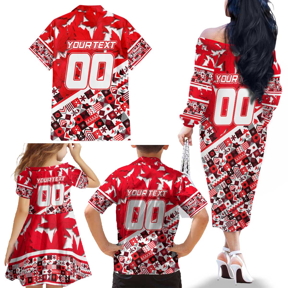 Personalized Canada Hockey Helmet Family Matching Off The Shoulder Long Sleeve Dress and Hawaiian Shirt Maple Leaf Pattern