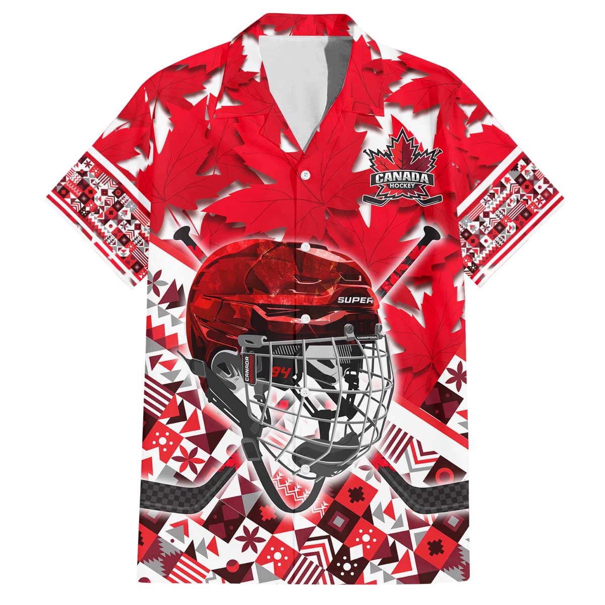 Personalized Canada Hockey Helmet Family Matching Off The Shoulder Long Sleeve Dress and Hawaiian Shirt Maple Leaf Pattern