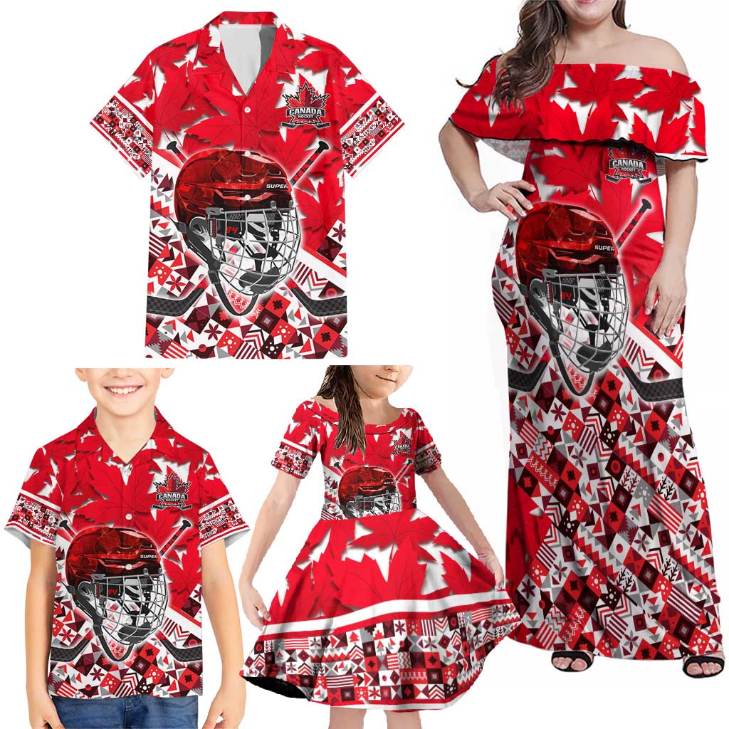 Personalized Canada Hockey Helmet Family Matching Off Shoulder Maxi Dress and Hawaiian Shirt Maple Leaf Pattern