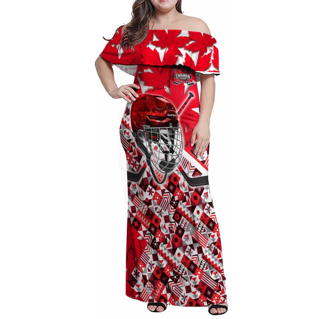 Personalized Canada Hockey Helmet Family Matching Off Shoulder Maxi Dress and Hawaiian Shirt Maple Leaf Pattern