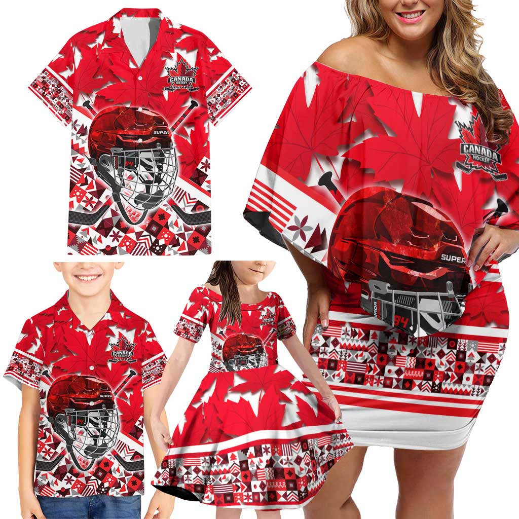 Personalized Canada Hockey Helmet Family Matching Off Shoulder Short Dress and Hawaiian Shirt Maple Leaf Pattern