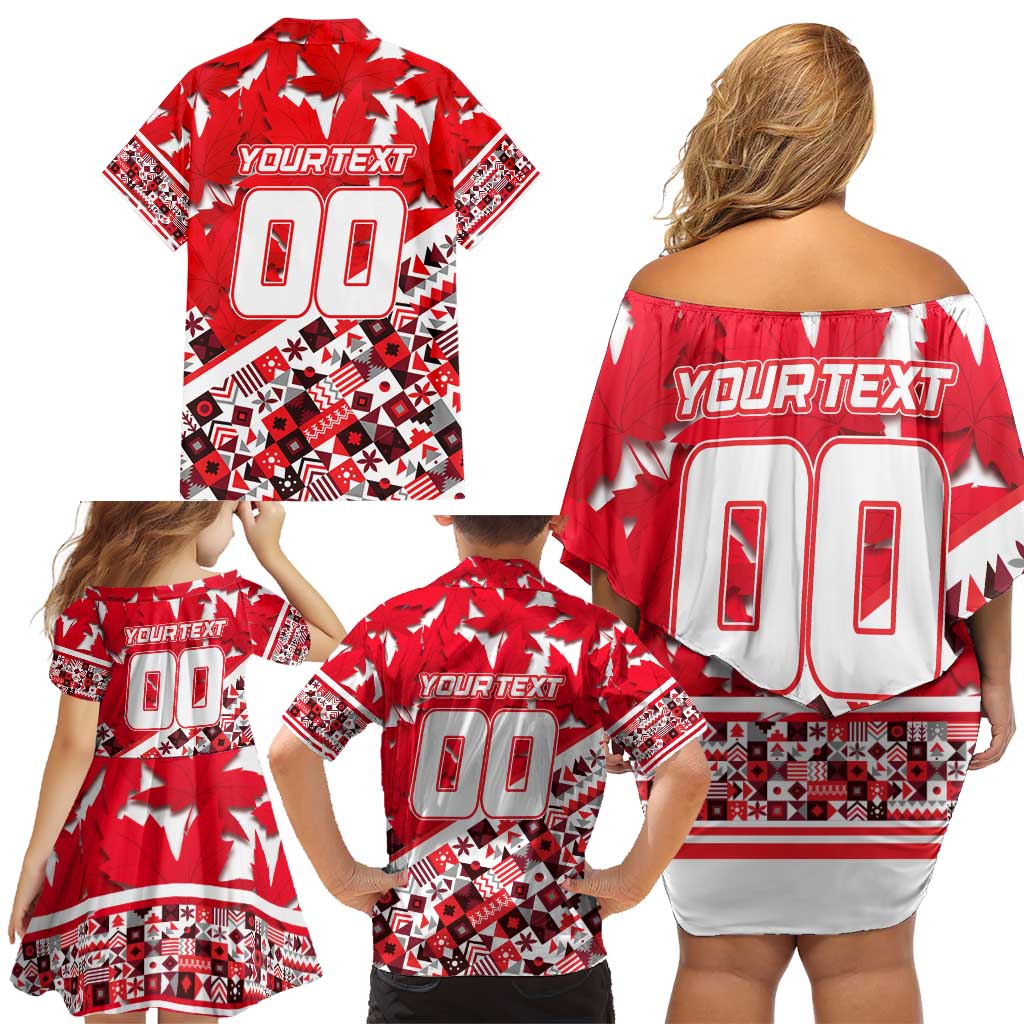 Personalized Canada Hockey Helmet Family Matching Off Shoulder Short Dress and Hawaiian Shirt Maple Leaf Pattern