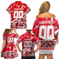 Personalized Canada Hockey Helmet Family Matching Off Shoulder Short Dress and Hawaiian Shirt Maple Leaf Pattern