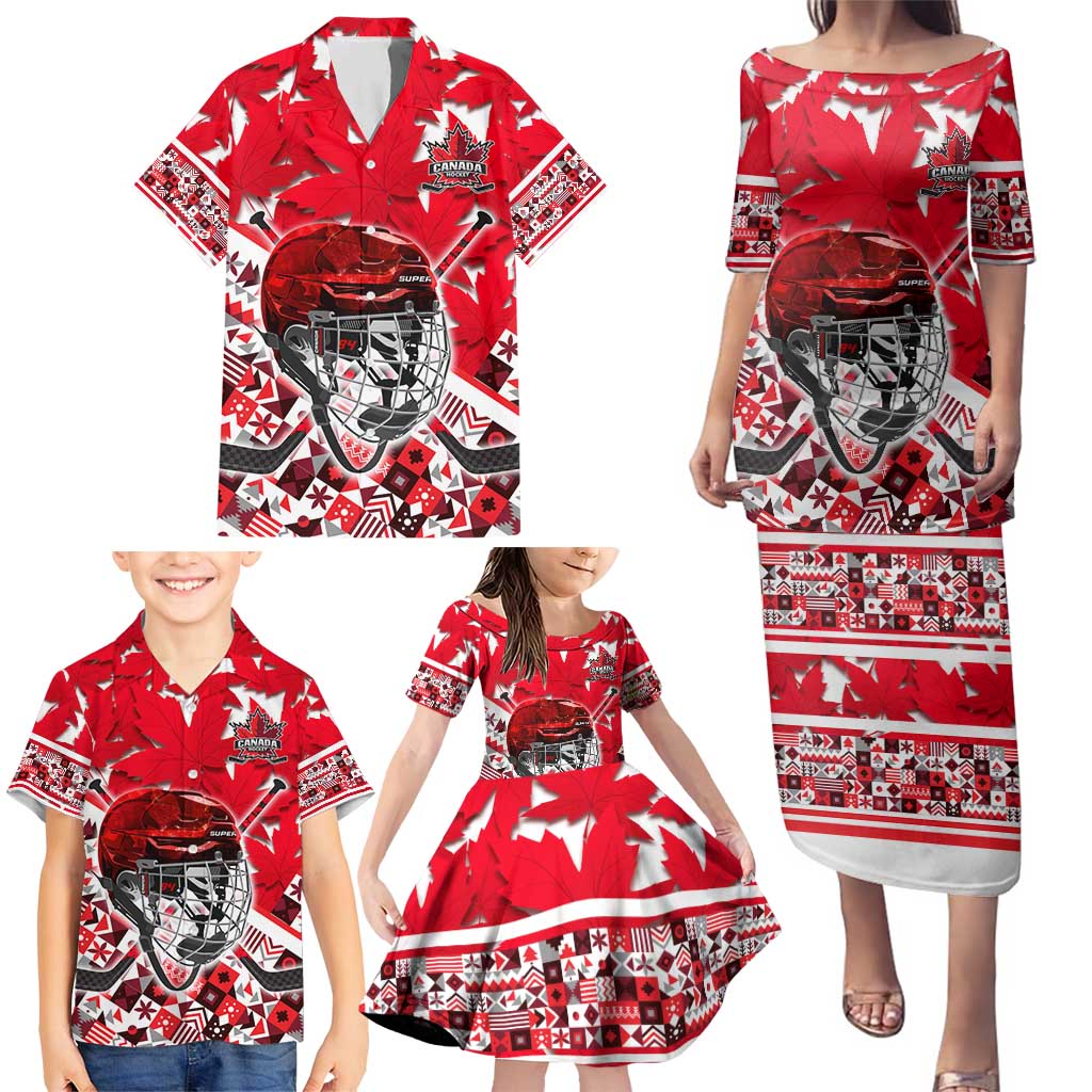 Personalized Canada Hockey Helmet Family Matching Puletasi and Hawaiian Shirt Maple Leaf Pattern