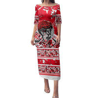 Personalized Canada Hockey Helmet Family Matching Puletasi and Hawaiian Shirt Maple Leaf Pattern