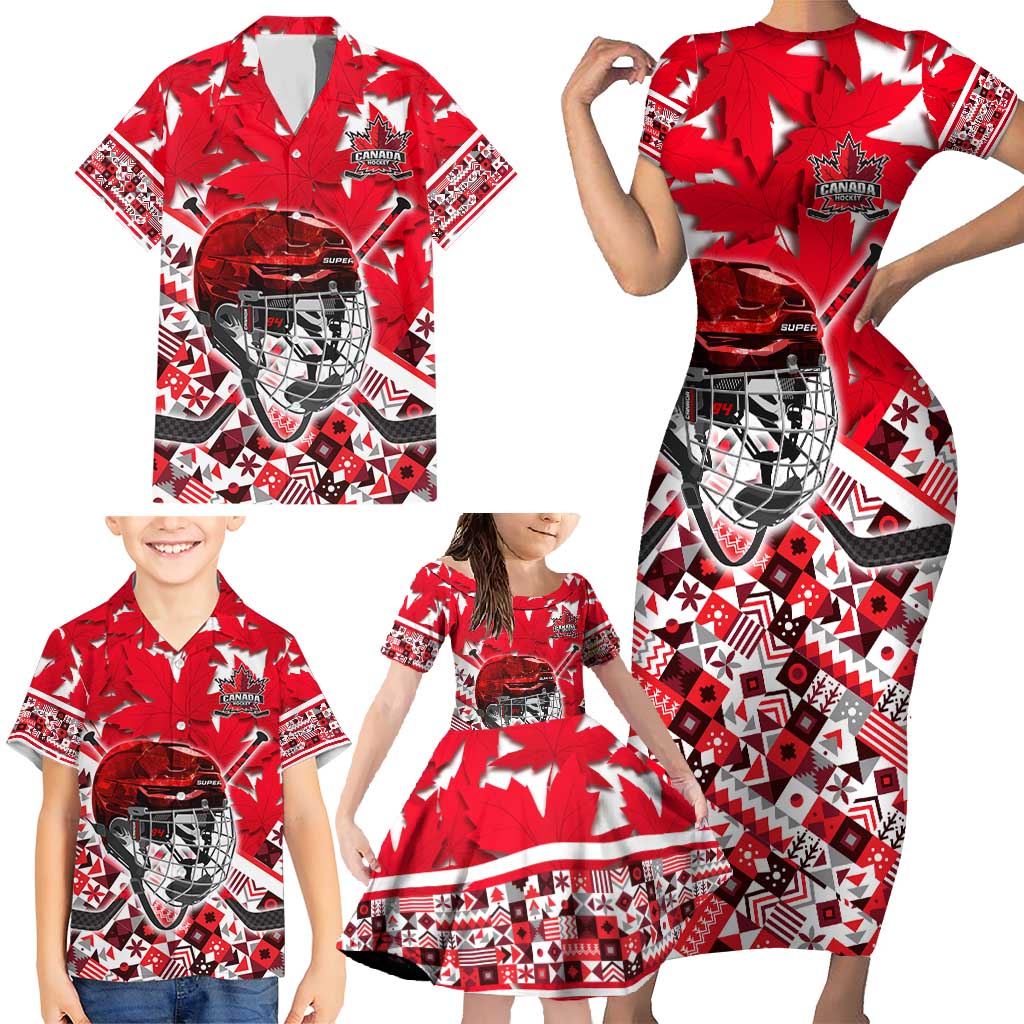 Personalized Canada Hockey Helmet Family Matching Short Sleeve Bodycon Dress and Hawaiian Shirt Maple Leaf Pattern