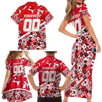 Personalized Canada Hockey Helmet Family Matching Short Sleeve Bodycon Dress and Hawaiian Shirt Maple Leaf Pattern